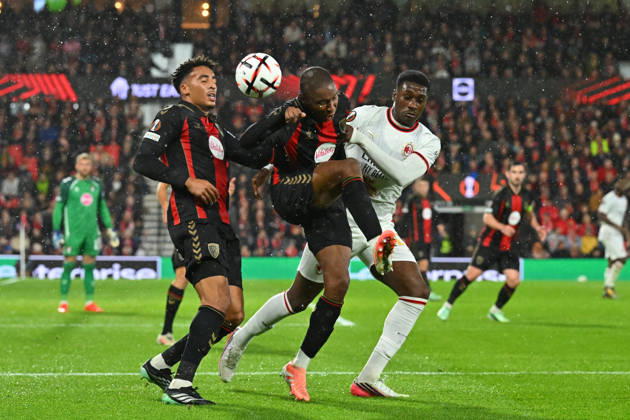 Bournemouth v AC Milan, Europa League James Hill (5) of AFC Bournemouth and Bafode Diakite (18) of AFC Bournemouth battles for possession with Sankhoun Diawara (13) of AC Milan during the Europa League match between Bournemouth and AC Milan at the Vitality Stadium, Bournemouth, UK on 22 October 2026. Bournemouth Vitality Stadium Dorset UK Editorial use only , Copyright: xGrahamxHuntx PSI-25046-0110