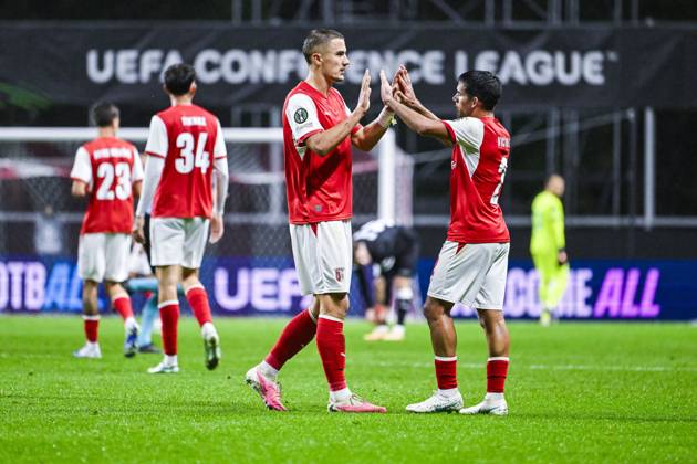 Gustaf Lagerbielke of SC Braga and Victor Gomez of SC Braga celebrate after winning a soccer game between Portuguese SC Braga and Belgian soccer team KAA Gent, Thursday 22 October 2026 in Braga, Portugal, the second match in the UEFA Conference League league phase. TOM GOYVAERTS TomxGoyvaerts  x190703127x