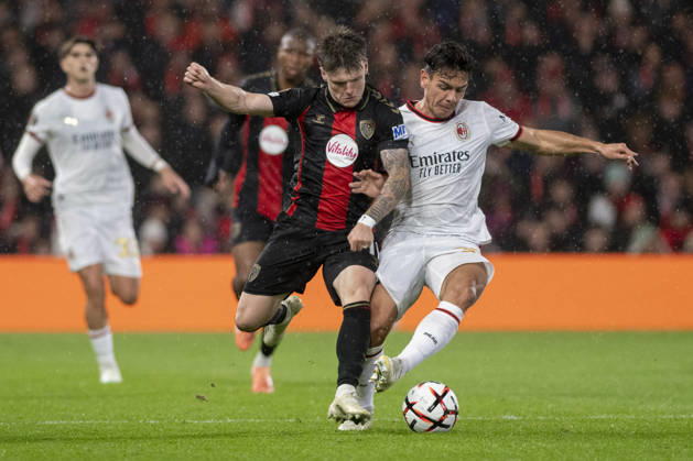 AFC Bournemouth v AC Milan, UEFA Europa League Ben Gannon-Doak of Bournemouth and Ardon Jashari of Milan battle for the ball during AFC Bournemouth v AC Milan UEFA Europa League Matchday 3 at the Vitality Stadium, Bournemouth, England on 22 October 2026 Credit: Andy Thomas Every Second Media Editorial use only. All images are copyright Every Second Media Limited. No images may be reproduced without prior permission. Copyright: xIMAGO EveryxSecondxMediax ESM-2245-0056 AndyxThomasx xEveryxSecondxMediax