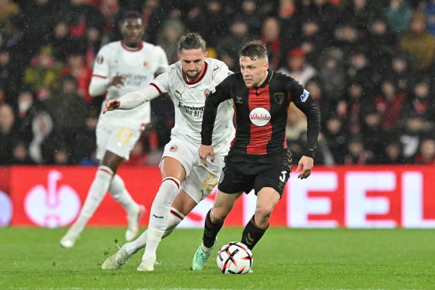 Bournemouth v AC Milan, Europa League Adrien Truffert (3) of AFC Bournemouth on the attack battles for possession with Adrien Rabiot (12) of AC Milan during the Europa League match between Bournemouth and AC Milan at the Vitality Stadium, Bournemouth, UK on 22 October 2026. Bournemouth Vitality Stadium Dorset UK Editorial use only , Copyright: xGrahamxHuntx PSI-25046-0140