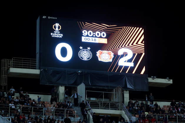 UEFA Europa League - OFI Crete vs Leverkusen - The final score on the matrix at the end of the UEFA Europa League phase Matchday 3 soccer match between OFI Crete vs Leverkusen in Pankritio, Heraklion, Greece, on 22 October 2026. IMAGO ONE INCH PRODUCTIONS Heraklion Greece Copyright: xONExINCHxPRODUCTIONSx 7133525