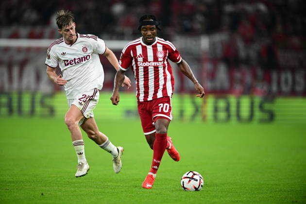 UEFA Europa League - Olympiacos FC vs AC Sparta Praha - Bruno Onyemaechi of Olympiacos FC in action against Roman Macek of AC Sparta Praha during the UEFA Europa League Phase matchday 3 soccer match between Olympiacos FC and AC Sparta Praha at the Georgios Karaiskakis Stadium in Piraeus, Greece, 22 October 2026. IMAGO ONE INCH PRODUCTIONS PIRAEUS GREECE Copyright: xONExINCHxPRODUCTIONSx 7133596