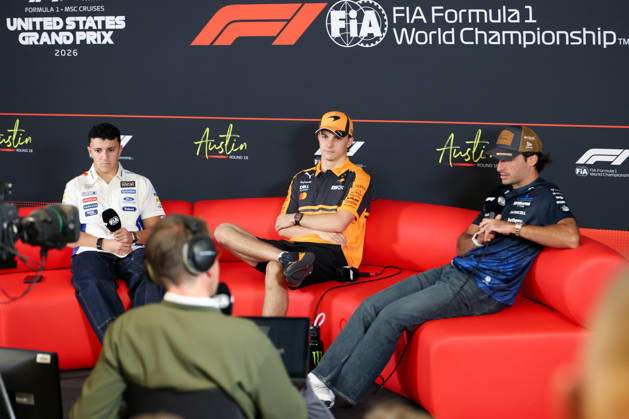 AUSTIN, TX - OCTOBER 22: Isack Hadjar (6) of France and Oracle Red Bull Racing, Oscar Piastri (81) of Australia and McLaren Mastercard F1 Team and Carlos Sainz (55) of Spain and Atlassian Williams F1 Team are interviewed on arrival day of the Formula 1 MSC Cruises United States Grand Prix on October 22, 2026, at Circuit of The Americas in Austin, Texas.(Photo by David Buono Icon Sportswire) AUTO: OCT 22 F1 United States Grand Prix EDITORIAL USE ONLY Icon2610220061