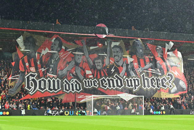 Bournemouth v AC Milan, Europa League How did we get here? banner flys above the home fans before kickoff during the Europa League match between Bournemouth and AC Milan at the Vitality Stadium, Bournemouth, UK on 22 October 2026. Bournemouth Vitality Stadium Dorset UK Editorial use only , Copyright: xGrahamxHuntx PSI-25046-0221