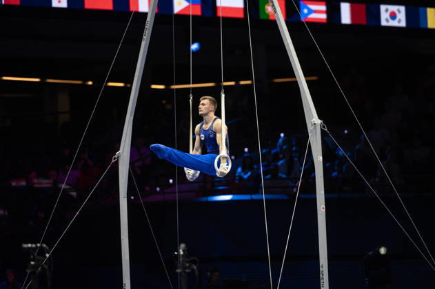 Rotterdam The Netherlands 23rd October 2026 World Championships artistic gymnastics. Men™s all round final Rings Daniel Marinov (RUS) turnen