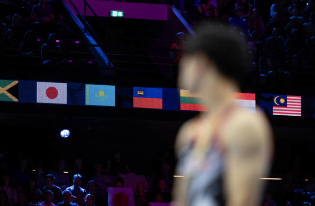 Rotterdam The Netherlands 22nd October 2026 World Championships artistic gymnastics. Men™s all round final Floor Daiki Hashimoto (JPN) looks towards the Japanese flag before the start of his routine. turnen