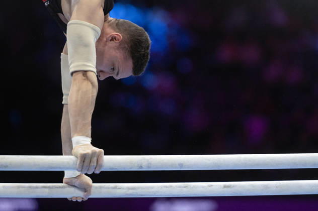 Rotterdam The Netherlands 22nd October 2026 World Championships artistic gymnastics. Men™s all round final Parallel bars Noe Seifert (SUI) warming up turnen