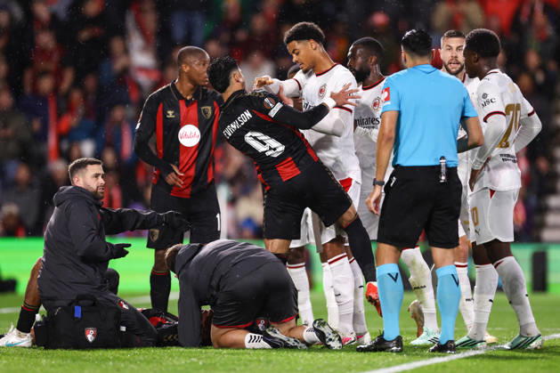 Bournemouth v AC Milan 22 October 2026, Bournemouth - UEFA Europa League - Bournemouth v AC Milan - Evanilson of Bournemouth is pushed by Koni De Winter of AC Milan as there is a player down injured - Photo: Jacques Feeney Offside. Bournemouth UK Copyright: xJacquesxFeeneyx xOffsidexOffside