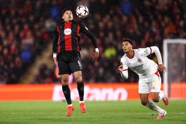 Bournemouth v AC Milan 22 October 2026, Bournemouth - UEFA Europa League - Bournemouth v AC Milan - Evanilson of Bournemouth and Koni De Winter of AC Milan - Photo: Jacques Feeney Offside. Bournemouth UK Copyright: xJacquesxFeeneyx xOffsidexOffside