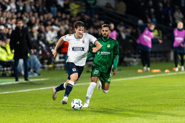Aarhus GF v Egnatia, UEFA Conference League, Randers, Denmark Randers, Denmark. 22nd, October 2026. Rasmus Carstensen (L) of Aarhus GF and Andrey Yago (29) of Egnatia seen during the UEFA Conference League match between Aarhus GF and Egnatia at Randers Stadion in Randers. Denmark, Randers, Cepheus Park Randers  Copyright: xGonzalesxPhoto RasmusxJensenx
