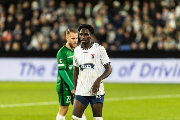 Aarhus GF v Egnatia, UEFA Conference League, Randers, Denmark Randers, Denmark. 22nd, October 2026. James Bogere (28) of Aarhus GF seen during the UEFA Conference League match between Aarhus GF and Egnatia at Randers Stadion in Randers. Denmark, Randers, Cepheus Park Randers Copyright: xGonzalesxPhoto RasmusxJensenx