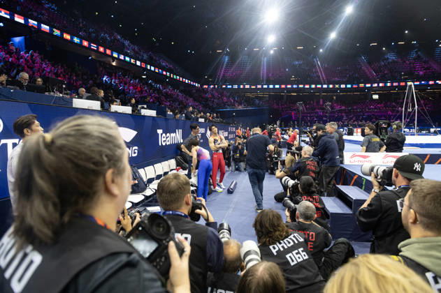 Rotterdam The Netherlands 22nd October 2026 World Championships artistic gymnastics. Men™s all round final Winner Daiki Hashimoto (JPN) surrounded by press photographers as they wait for the final result. turnen