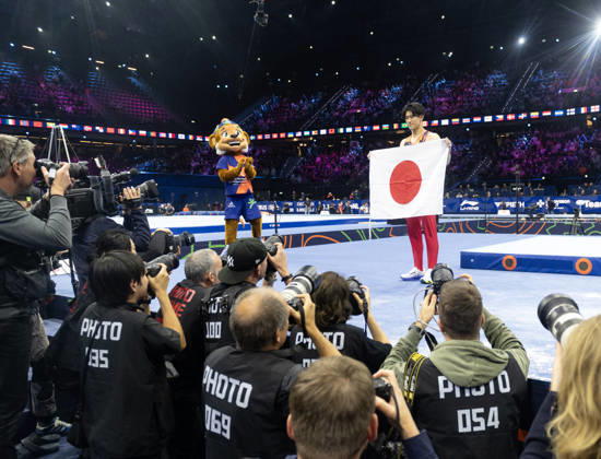 Rotterdam The Netherlands 22nd October 2026 World Championships artistic gymnastics. Men™s all round final Winner Daiki Hashimoto (JPN) surrounded by press photographers.