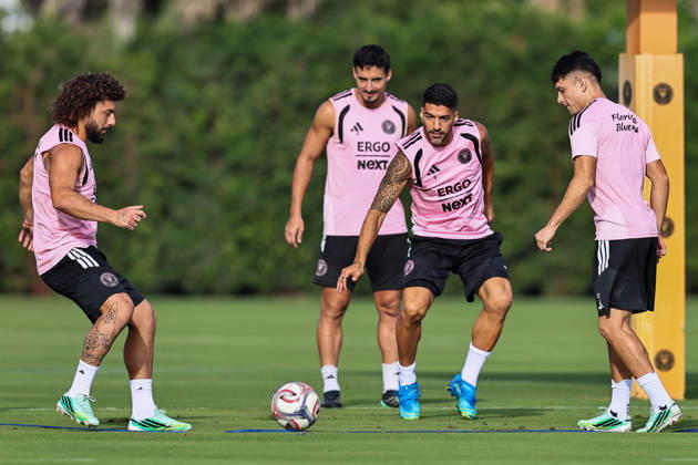 FORT LAUDERDALE, FL - OCTOBER 23: From (L-R), Inter Miami CF defender Maximiliano Falcon (37), defender Gonzalo Lujan (2), forward Luis Suarez (9) and midfielder David Ayala (22) are seen during an Inter Miami Training Session at Florida Blue Training Center on October 23, 2026 in Fort Lauderdale, Florida. (Photo by Chris Arjoon Icon Sportswire) SOCCER: OCT 23 Inter Miami CF Training EDITORIAL USE ONLY Icon2610230000001