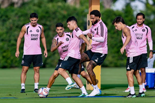 FORT LAUDERDALE, FL - OCTOBER 23: From (L-R), Inter Miami CF defender Gonzalo Lujan (2), forward Luis Suarez (9), midfielder David Ayala (22), defender Micael Dos Santos (16), defender Facundo Mura (4) and defender Micael Dos Santos (16) are seen during an Inter Miami Training Session at Florida Blue Training Center on October 23, 2026 in Fort Lauderdale, Florida. (Photo by Chris Arjoon Icon Sportswire) SOCCER: OCT 23 Inter Miami CF Training EDITORIAL USE ONLY Icon2610230000002
