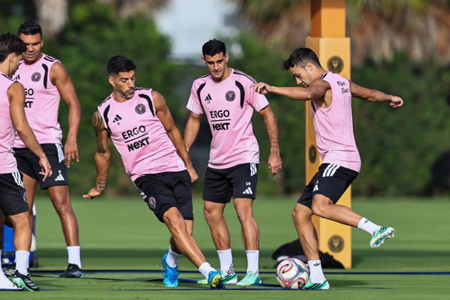 FORT LAUDERDALE, FL - OCTOBER 23: From (L-R), Inter Miami CF forward Luis Suarez (9), forward German Berterame (19) and defender Sergio Reguilon (3) are seen during an Inter Miami Training Session at Florida Blue Training Center on October 23, 2026 in Fort Lauderdale, Florida. (Photo by Chris Arjoon Icon Sportswire) SOCCER: OCT 23 Inter Miami CF Training EDITORIAL USE ONLY Icon2610230000003