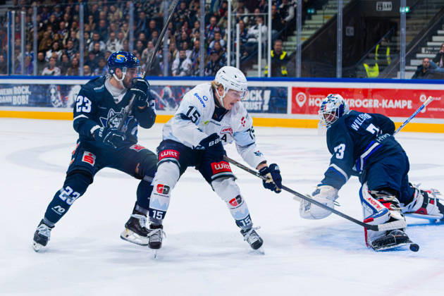 Kassel, Deutschland 22. Oktober 2026: DEL2 - 2026 2027 - Sp. 11 - Kassel Huskies gegen Blue Devils Weiden Im Bild: Charlie Jahnke (BDW) macht das Tor zum 1:1 Probonio Arena Hessen Copyright: xFotostandx xKruczynskix