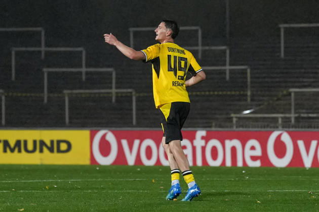 Freitag, 23.10.2026 Saison 2026 2027 14. Spieltag Regionalliga West im Stadion Rote Erde, Dortmund, Germany. BV Borussia Dortmund U23 - Bonner SC. Torjubel nach dem 1:0 durch Luca Reggiani (BVB).