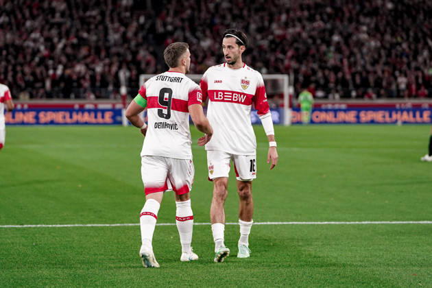 Deutschland: Fussball Saison 2026 2027 , 1. Bundesliga , 7. Spieltag , VfB Stuttgart vs. Borussia Mönchengladbach - MHP-Arena (Stuttgart) : Atakan Karazor (VfB Stuttgart, 16) und Ermedin Demirović Ermedin Demirovic (VfB Stuttgart, 9) Tor und Torjubel zum 1:0, Tor, Torjubel, Jubel, Freude, Emotionen Stuttgart MHP-Arena Deutschland Germany Copyright: xBennetxLongx