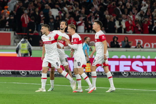 23.10.2026, xjyhynx, Fussball 1.Bundesliga, VfB Stuttgart - Borussia Mönchengladbach, v.l. Torjubel VfB Stuttgart nach dem 1:0 durch Ermedin Demirovic (9, VfB Stuttgart) (DFL DFB REGULATIONS PROHIBIT ANY USE OF PHOTOGRAPHS as IMAGE SEQUENCES and or QUASI-VIDEO) Stuttgart