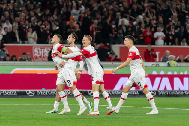 23.10.2026, xjyhynx, Fussball 1.Bundesliga, VfB Stuttgart - Borussia Mönchengladbach, v.l. Torjubel VfB Stuttgart nach dem 1:0 durch Ermedin Demirovic (9, VfB Stuttgart) (DFL DFB REGULATIONS PROHIBIT ANY USE OF PHOTOGRAPHS as IMAGE SEQUENCES and or QUASI-VIDEO) Stuttgart