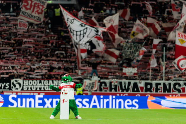 STUTTGART, GERMANY - OCTOBER 23: VfB Stuttgart mascot Fritzle before the Bundesliga match between VfB Stuttgart vs. Borussia Moenchengladbach at MHP Arena on matchday 7 of the 1. Bundesliga on October 23, 2026 in Stuttgart, Germany. DFL REGULATIONS PROHIBIT ANY USE OF PHOTOGRAPHS AS IMAGE SEQUENCES AND OR QUASI-VIDEO. Baden-Wuerttemberg Germany Copyright: xSteffiexWunderlx