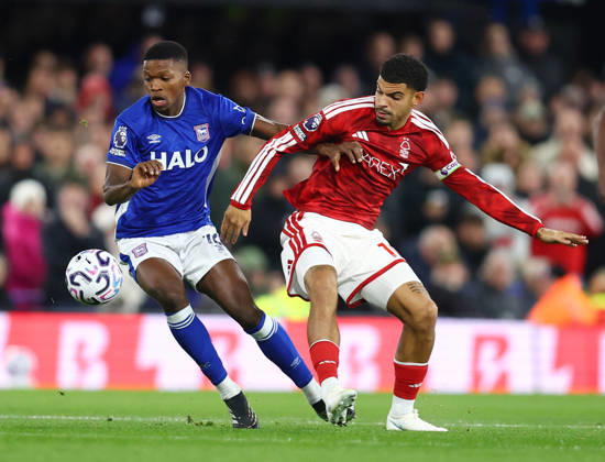 Ipswich, England, 23rd October 2026. Florentino Luis of Ipswich Town (l) tussles with Morgan Gibbs White of Nottingham Forest (r) during the Ipswich Town vs Nottingham Forest Premier League match at Portman Road, Ipswich. Picture credit should read: Paul Terry Sportimage EDITORIAL USE ONLY. No use with unauthorised audio, video, data, fixture lists, club league logos or live services. Online in-match use limited to 120 images, no video emulation. No use in betting, games or single club league player publications. SPI_011_PT_Ipswich_Forest SPI-5093-0012