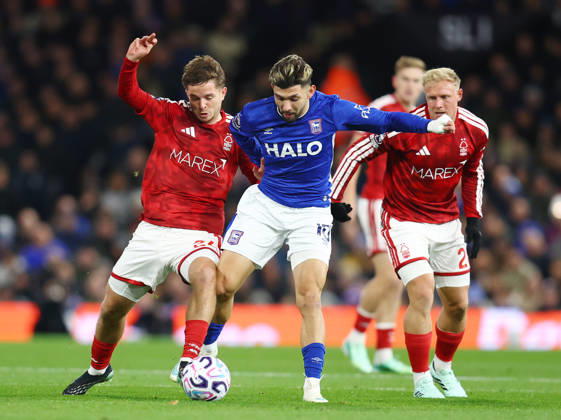 Ipswich, England, 23rd October 2026. James McAtee of Nottingham Forest tackles Julio Enciso of Ipswich Town during the Ipswich Town vs Nottingham Forest Premier League match at Portman Road, Ipswich. Picture credit should read: Paul Terry Sportimage EDITORIAL USE ONLY. No use with unauthorised audio, video, data, fixture lists, club league logos or live services. Online in-match use limited to 120 images, no video emulation. No use in betting, games or single club league player publications. SPI_012_PT_Ipswich_Forest SPI-5093-0014