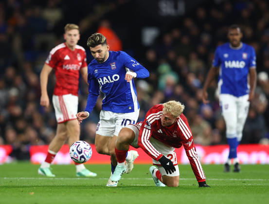 Ipswich, England, 23rd October 2026. Julio Enciso of Ipswich Town tussles with Xaver Schlager of Nottingham Forest during the Ipswich Town vs Nottingham Forest Premier League match at Portman Road, Ipswich. Picture credit should read: Paul Terry Sportimage EDITORIAL USE ONLY. No use with unauthorised audio, video, data, fixture lists, club league logos or live services. Online in-match use limited to 120 images, no video emulation. No use in betting, games or single club league player publications. SPI_015_PT_Ipswich_Forest SPI-5093-0016