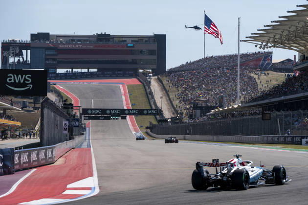 Cars pass by the newly constructed building named The Circuit during the first free practice session of the Formula One United States Grand Prix at the Circuit of the Americas in Austin, Texas on Friday, October 23, 2026.  AUS2026102316 GREGxNASH
