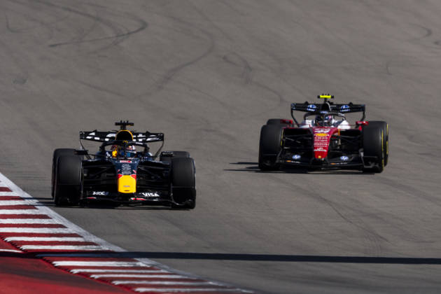 Dutch Formula One driver Max Verstappen of Red Bull Racing and British Formula One driver Lewis Hamilton of Scuderia Ferrari in action during the first free practice session of the Formula One United States Grand Prix at the Circuit of the Americas in Austin, Texas on Friday, October 23, 2026.  AUS2026102317 GREGxNASH