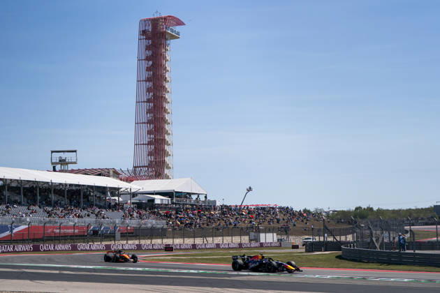 Australian Formula One driver Oscar Piastri of McLaren F1 Team and Dutch Formula One driver Max Verstappen of Red Bull Racing in action during the first free practice session of the Formula One United States Grand Prix at the Circuit of the Americas in Austin, Texas on Friday, October 23, 2026.  AUS2026102318 GREGxNASH