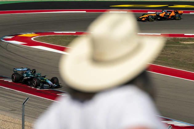 Canadian Formula One driver Lance Stroll of Aston Martin and British Formula One driver Lando Norris of McLaren F1 Team in action during the first free practice session of the Formula One United States Grand Prix at the Circuit of the Americas in Austin, Texas on Friday, October 23, 2026.  AUS2026102330 GREGxNASH
