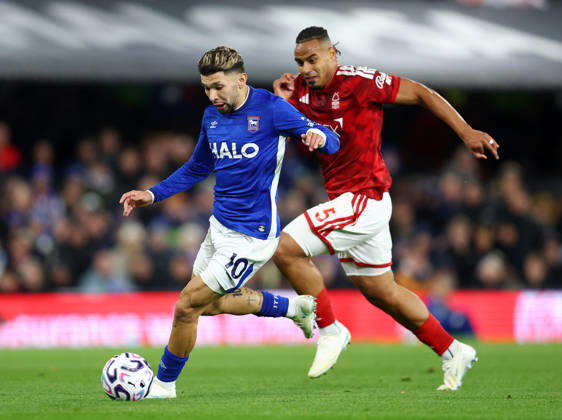 Ipswich, England, 23rd October 2026. Julio Enciso of Ipswich Town and Murillo of Nottingham Forest during the Ipswich Town vs Nottingham Forest Premier League match at Portman Road, Ipswich. Picture credit should read: Paul Terry Sportimage EDITORIAL USE ONLY. No use with unauthorised audio, video, data, fixture lists, club league logos or live services. Online in-match use limited to 120 images, no video emulation. No use in betting, games or single club league player publications. SPI_027_PT_Ipswich_Forest SPI-5093-0027
