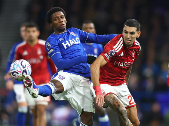 Ipswich, England, 23rd October 2026. Jaden Philogene-Bidace of Ipswich Town and Daniel Munoz of Nottingham Forest during the Ipswich Town vs Nottingham Forest Premier League match at Portman Road, Ipswich. Picture credit should read: Paul Terry Sportimage EDITORIAL USE ONLY. No use with unauthorised audio, video, data, fixture lists, club league logos or live services. Online in-match use limited to 120 images, no video emulation. No use in betting, games or single club league player publications. SPI_026_PT_Ipswich_Forest SPI-5093-0028
