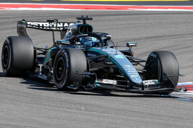 AUSTIN, TX - OCTOBER 23: George Russell (63) of Great Britain and Mercedes-AMG PETRONAS Formula One Team speeds through turn 15 during the first practice session of the Formula 1 MSC Cruises United States Grand Prix on October 23, 2026, at Circuit of The Americas in Austin, Texas.(Photo by David Buono Icon Sportswire) AUTO: OCT 23 F1 United States Grand Prix EDITORIAL USE ONLY Icon2610230141