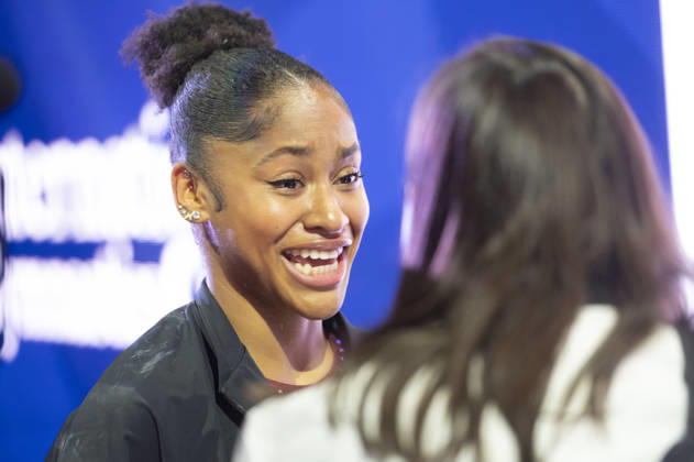 Rotterdam The Netherlands 23rd October 2026 World Championships artistic gymnastics. Women™s allround competition Skye Blakely (USA) wins gold. With coaches after the results are announced.