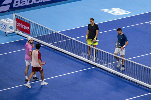 TENNIS : ATP, Tennis Herren 250 - Grand Prix Tennis AURA - Decines (France) 24 10 2026 Théo Arribagé and Albano Olivetti defeat Matisse Bobichon and Kilian Feldbausch (6-2, 7-5) to reach the Grand Prix Auvergne Rhône-Alpes doubles final at the LDLC Arena in Décines on October 24, 2026. Photo Sandrine Thesillat PsNewZ  Copyright: xSandrinexTHESILLATx