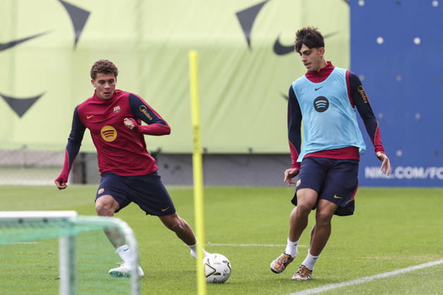 October 24, 2026, Sant Joan Despi, Barcelona, Spain: Hamza Abdelkarim and Marc Bernal during the training day of FC Barcelona, Barca ahead the Spanish League, Laliga EA Sports, football match against Real Madrid CF at Ciudad Esportiva Joan Gamper on October 24, 2026 in Sant Joan Despi, Barcelona, Spain. Sant Joan Despi Spain - ZUMAa181 20261024_zaa_a181_035 Copyright: xJavierxBorregox