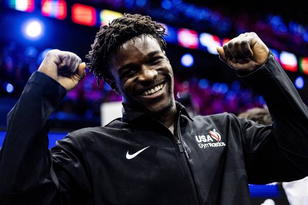 ROTTERDAM - Frederick Richard (USA) reacts after winning the floor apparatus final at the World Gymnastics Championships in Rotterdam Ahoy. IRIS VAN DEN BROEK ANP xVIxANPxSportx xxANPxIVx 573461404 originalFilename: 573461404.jpg