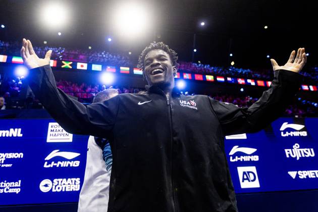ROTTERDAM - Frederick Richard (USA) reacts after winning the floor apparatus final at the World Gymnastics Championships in Rotterdam Ahoy. IRIS VAN DEN BROEK ANP xVIxANPxSportx xxANPxIVx 573461430 originalFilename: 573461430.jpg