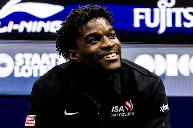 ROTTERDAM - Frederick Richard (USA) reacts after winning the floor apparatus final at the World Gymnastics Championships in Rotterdam Ahoy. IRIS VAN DEN BROEK ANP xVIxANPxSportx xxANPxIVx 573461520 originalFilename: 573461520.jpg