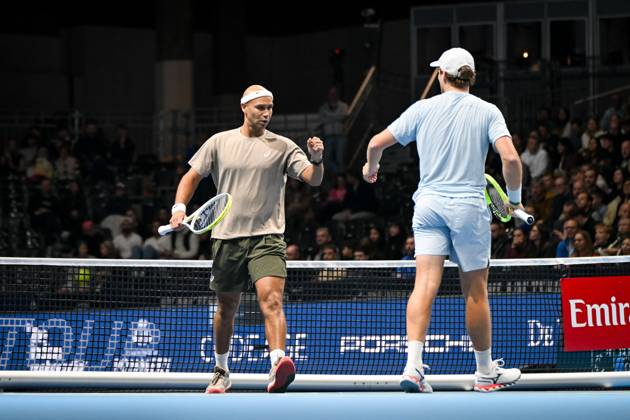 Sadio Doumbia of France and Bart Stevens of the Netherlands celebrate during the semi double final of the European Open ATP, Tennis Herren tennis tournament in Brussels, on Saturday 24 October 2026. This year s edition of the tournament is taking place from 17 to 25 October ELIASxROM  x190867148x