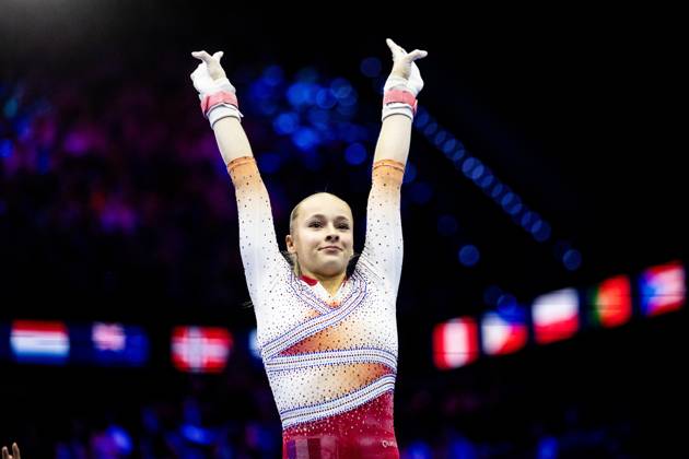 ROTTERDAM - Elena Colas (FRA) reacts unevenly after the uneven bars final at the World Gymnastics Championships in Rotterdam Ahoy. IRIS VAN DEN BROEK ANP xVIxANPxSportx xxANPxIVx 573478837 originalFilename: 573478837.jpg