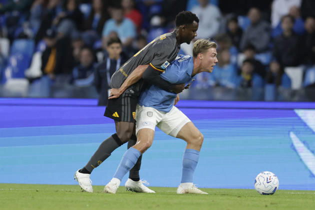 Italy: Serie a football match SSC Napoli vs AS Roma Roma™s Ivorian defender Evan Ndicka challenges for the ball with Napoli s Danish forward Rasmus Hojlund during the Serie A football match between SSC Napoli and AS Roma at the Diego Armando Maradona Stadium in Naples, October 24, 2026. _BPH5411 Copyright: xAntonioxBalascox