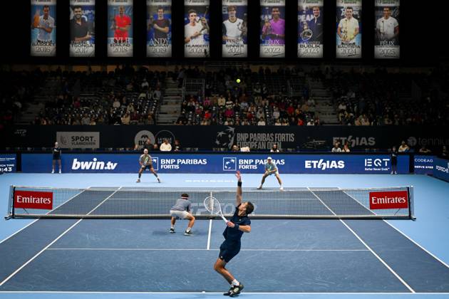 David Pel of the Netherlands celebrates during the semi double final of the European Open ATP, Tennis Herren tennis tournament in Brussels, on Saturday 24 October 2026. This year s edition of the tournament is taking place from 17 to 25 October ELIASxROM  x190868634x
