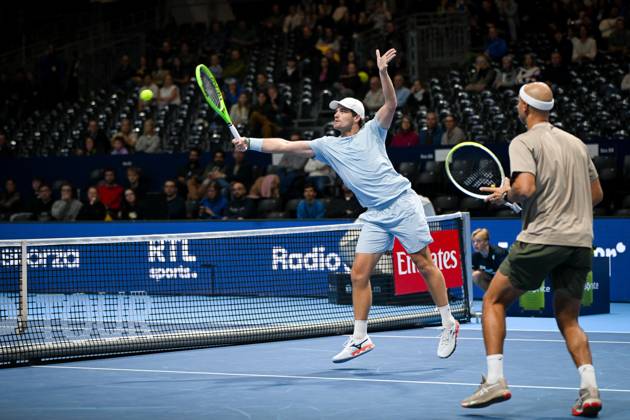 Bart Stevens of the Netherlands pictured in action during the semi double final of the European Open ATP, Tennis Herren tennis tournament in Brussels, on Saturday 24 October 2026. This year s edition of the tournament is taking place from 17 to 25 October ELIASxROM  x190870906x