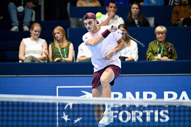 Argentinian Francisco Cerundolo pictured in action during the semi final of the European Open ATP, Tennis Herren tennis tournament in Brussels, on Saturday 24 October 2026. This year s edition of the tournament is taking place from 17 to 25 October ELIASxROM  x190885482x