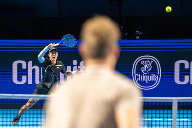 BASEL, SWITZERLAND - OCTOBER 25: Rinky Hijikata of Australia plays a forehand against Yannick Hanfmann of Germany during the Swiss Indoors Basel Day 2 at St. Jakobshalle on October 25, 2026 in Basel, Switzerland. Copyright: xJustPictures.ch PascalxvonxBürenx jp-en-EuSpIm-Pavo_Fotografie-04610