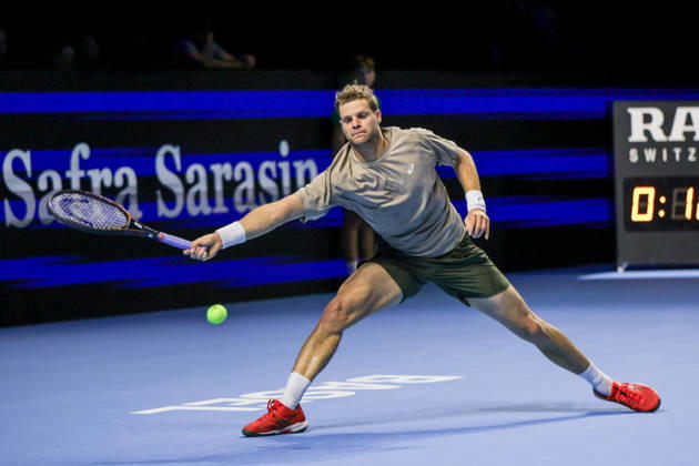 RECORD DATE NOT STATED 25th October 2026; St. Jakobshalle, Basel, Switzerland; ATP, Tennis Herren Tennis, Swiss Indoors Basel, Day 2; Qualifying final; Yannick Hanfmann of Germany stretches for the ball AnthonyxBenoit